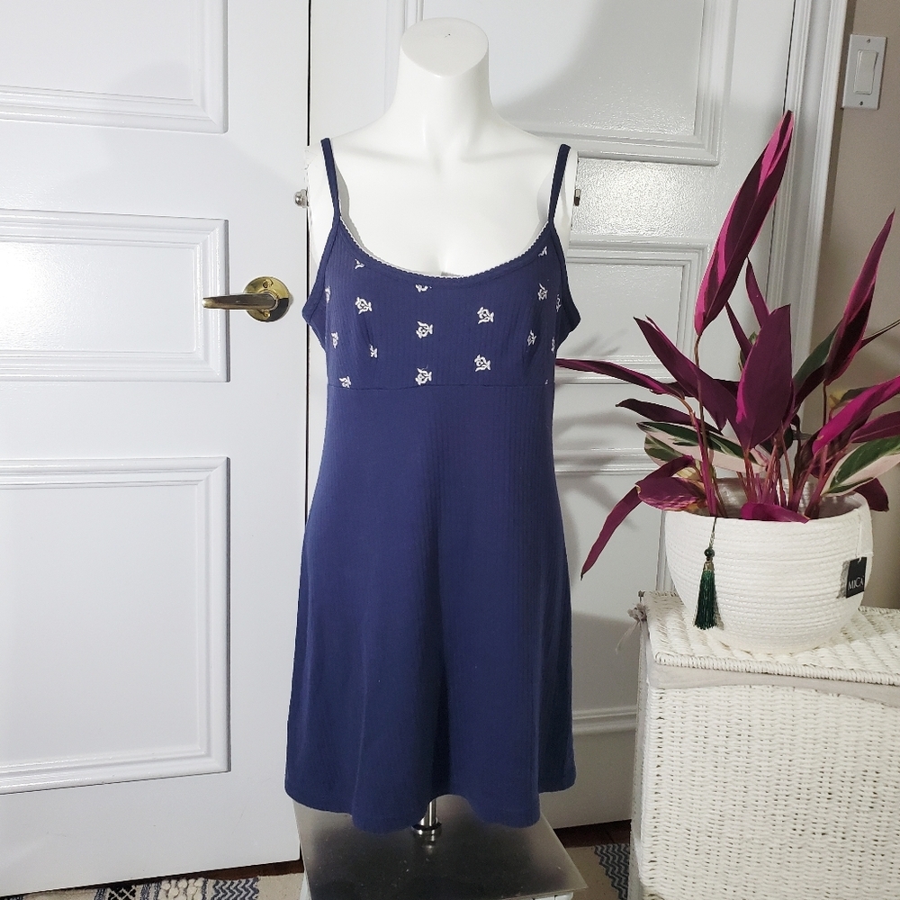 Vintage Navy Blue Slip Nightgown Dress with White Floral Embroidery